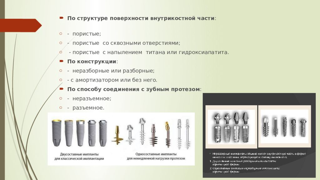 Строение поверхности. Классификация имплантатов. Классификация имплантатов в стоматологии. Строение и классификация имплантатов. Виды внутрикостной части имплантатов.