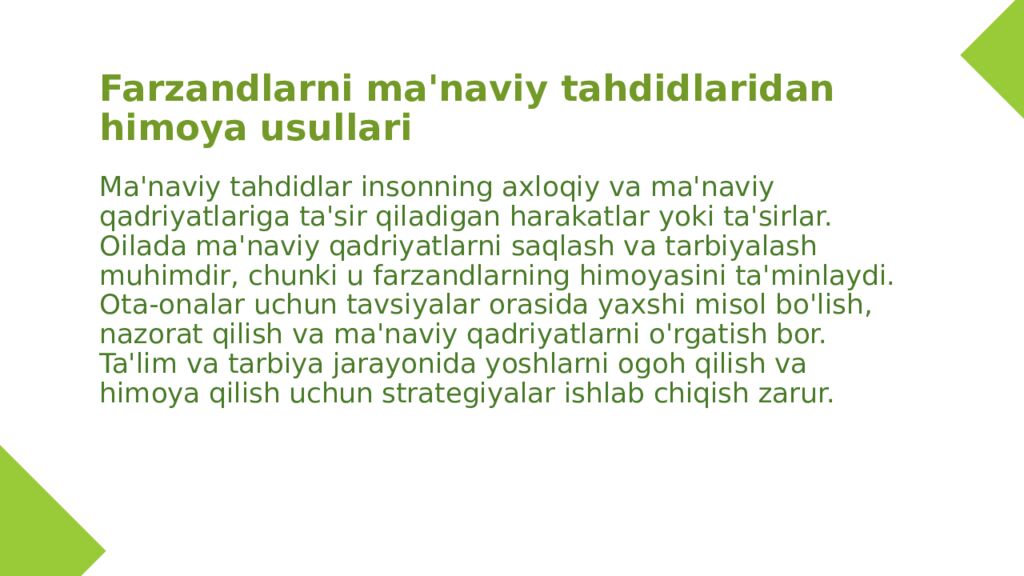 Farzandlarni ma'naviy tahdidlaridan himoya usullari