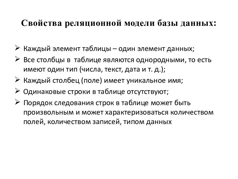 Основные свойства данных. Основные свойства реляционной БД. Основные свойства реляционной модели данных. Основные характеристики реляционной базы данных.. Основные понятия теории БД.