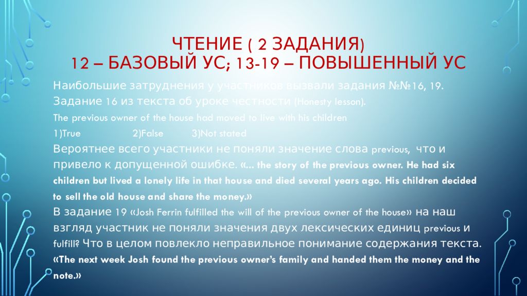 ЧТЕние ( 2 задания) 12 – базовый УС; 13-19 – Повышенный УС