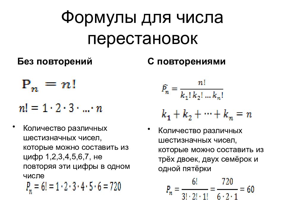 Формулы комбинаторики таблица