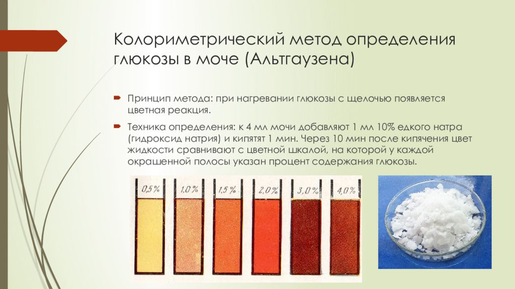 Почему появилась сахара. Метод определения Глюкозы в моче. Методика определения сахара в моче. Колориметрический метод определения Глюкозы. Метод Альтгаузена Глюкоза в моче.