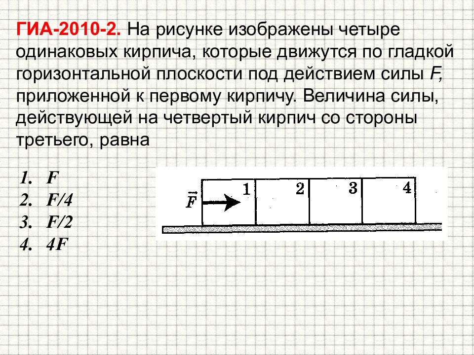 По гладкой горизонтальной плоскости движутся. На рисунке изображены 4 одинаковых кирпича. На четырёх рисунках изображены. Силы действующие на кирпич. На движущийся кирпич действуют силы изображённые на рисунке.