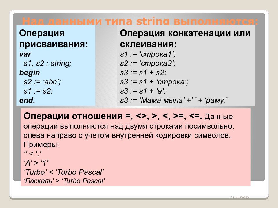 Символьные сообщения. Операции над типом String. Операции над данными символьного типа. Операции над строковым типом данных. Переменные типа String.