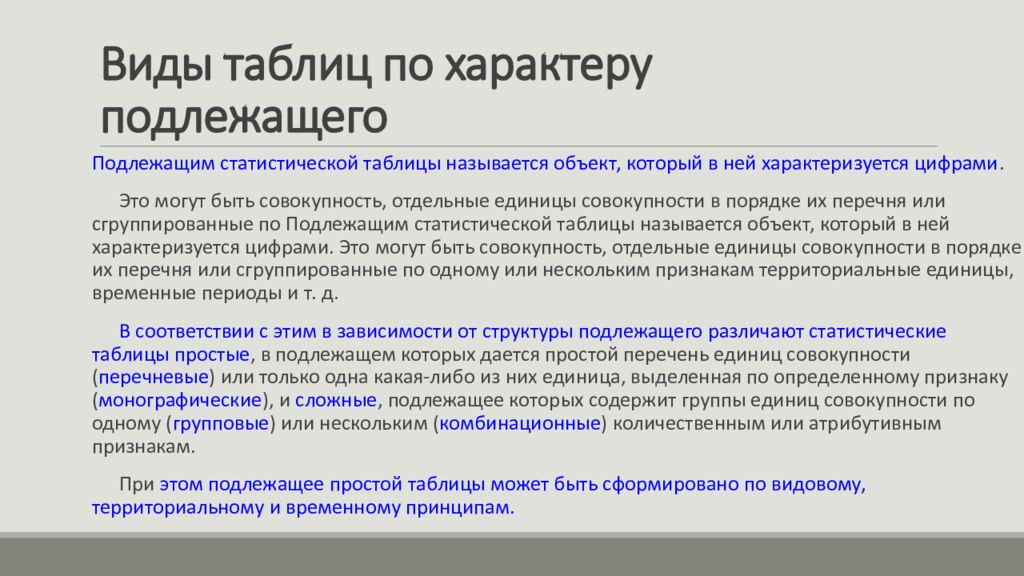 Указанное в совокупности. Виды статистических таблиц. Виды статистических таблиц по подлежащему. Вид таблицы по подлежащему. Виды таблиц по характеру подлежащего.