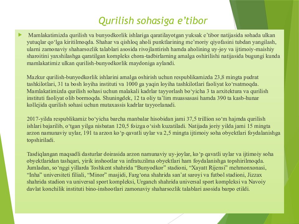 Qurilish sohasiga e’tibor