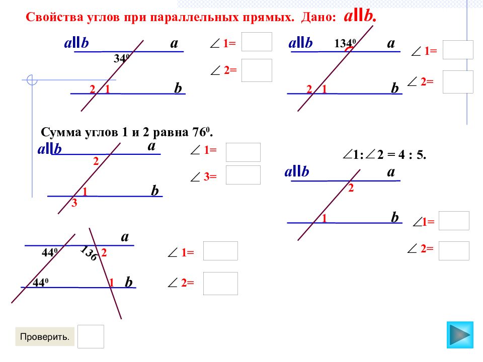 Свойства углов. Свойства углов при параллельных прямых таблица 7.