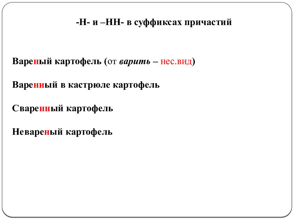 Нести какой вид. Вареное суффикс. Правописание суффиксов Онок. Отваривать суффикс. Сварил суффикс.