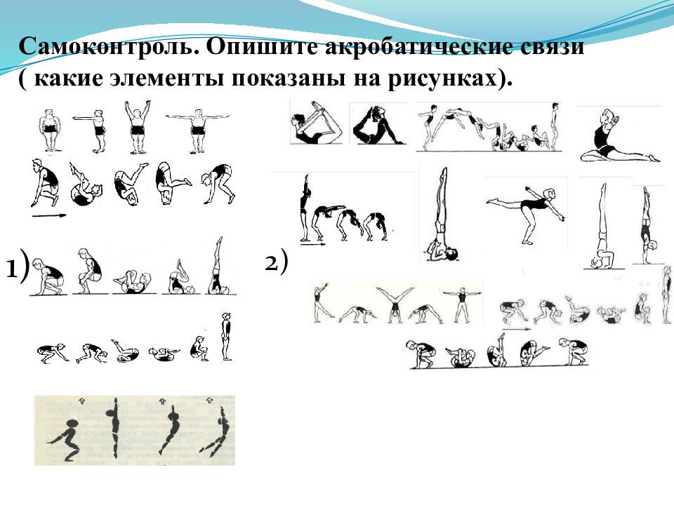 Виды элементов акробатики. Акробатические упражнения названия. Элементы акробатических упражнений. Комбинация акробатических упражнений. Элементы акробатики названия.