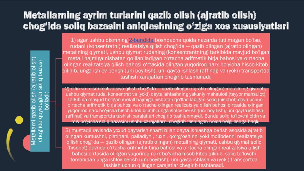 Metallarning ayrim turlarini qazib olish ( ajratib olish ) chog‘ida soliq bazasini aniqlashning o‘ziga xos xususiyatlari