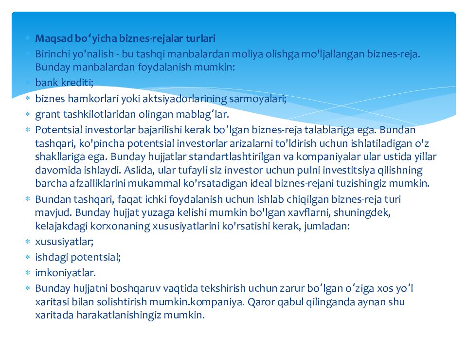 Biznes reja, uning bo‘limlari va mazmuni Biznes reja, uning bo‘limlari va mazmuni