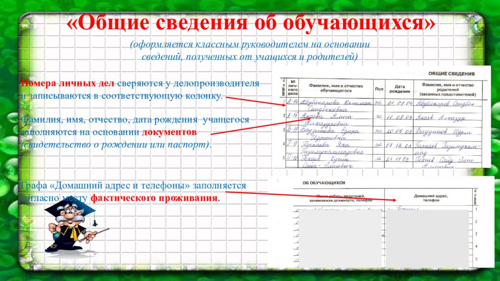 Образец заполнения классного журнала