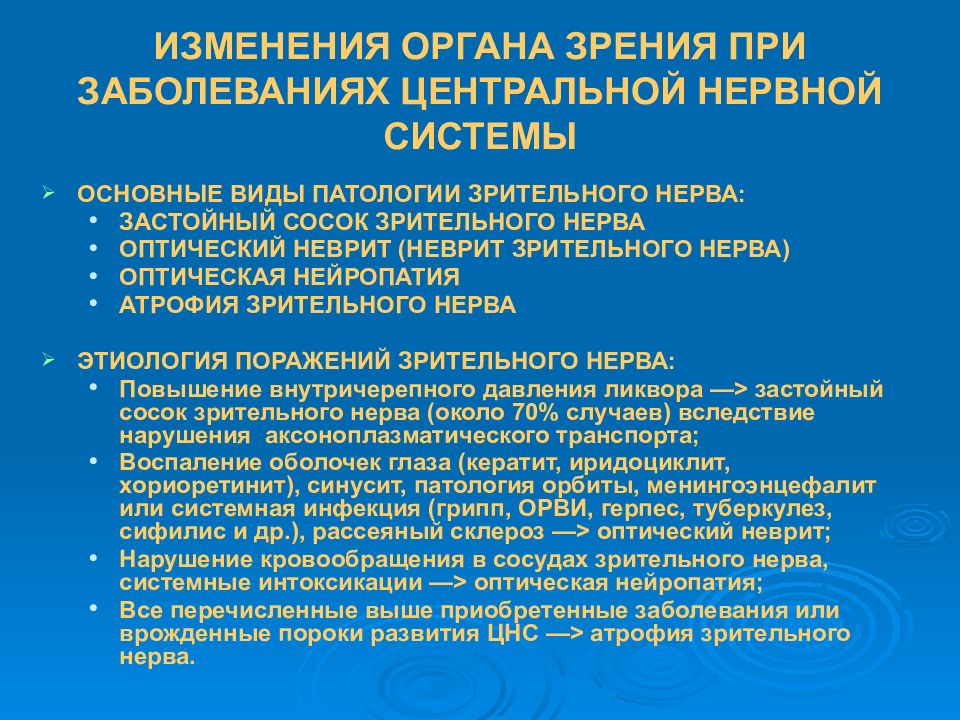 Заболевание центральной системы. Этиология патологии органа зрения. Патология органа зрения при общих заболеваниях организма. Изменения органа зрения при общих заболеваниях. Аспекты физиотерапии при патологии ЦНС.