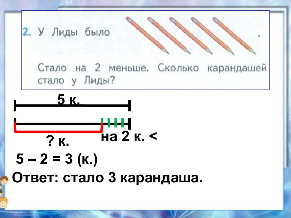 На 2 меньше. У Лиды было 5 карандашей стало на 2 меньше. Стало на 2 больше сколько. Схема задачи на уменьшение числа на несколько единиц схемы. Схема к задачам на увеличение числа на несколько единиц.