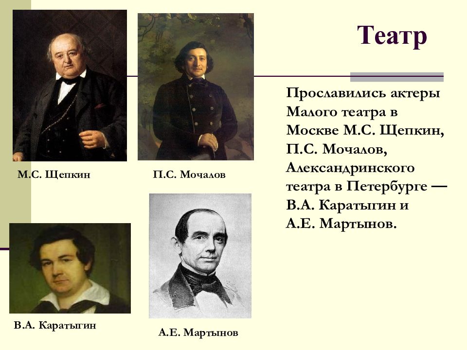 Деятели первой половины 19 века. М.С. Щепкин, п.с. Мочалов, в.а. Каратыгин. Театр в первой половине 19 века в России. Московский театр 19 века Щепкин Мочалов. Культура России в первой половине 19 века театр.