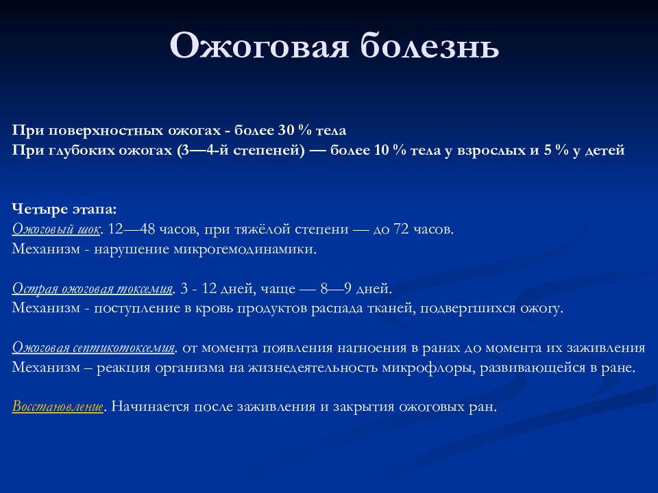 Развитие ожоговой болезни. Ожоговая болезнь первая помощь.