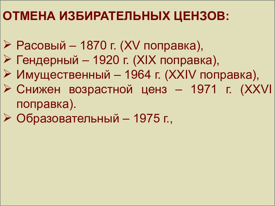 Что такое возрастной ценз. 19 Поправка 1920 США. 15 Поправка 1870 г США. Возрастной ценз высшего арбитражного суда. 15 Поправка к Конституции США 1870.