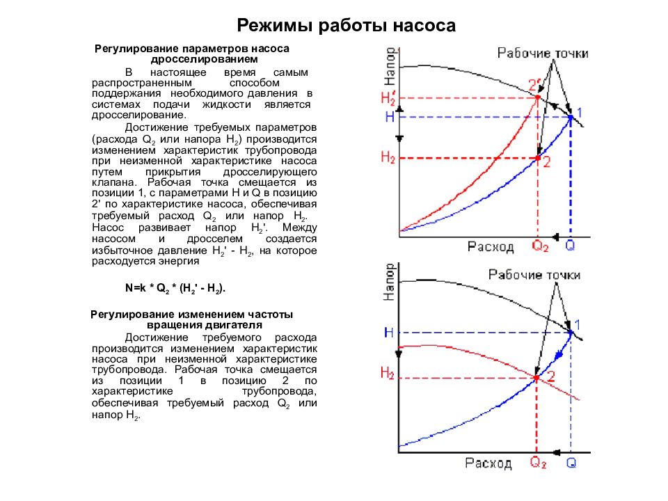 Режимы насосов. Дроссельное регулирование насоса. Методы регулирования параметров центробежных насосов.. Дросселирование центробежного насоса. Зависимость напора от частоты вращения насоса.