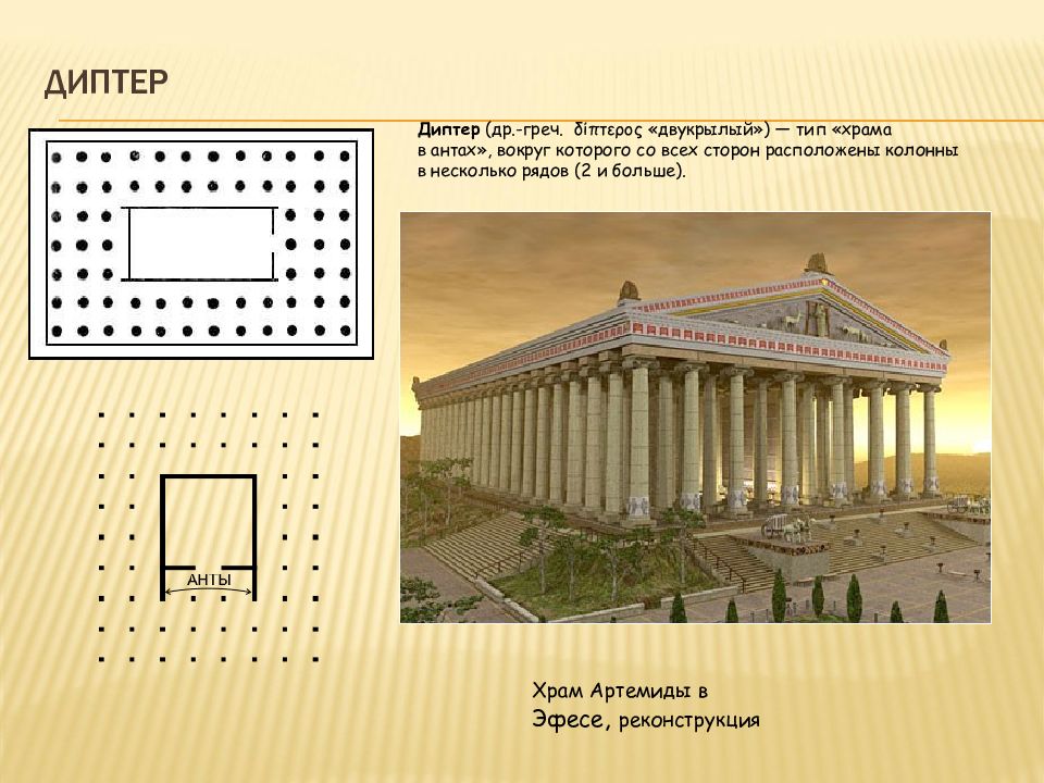 Тип греческого храма прямоугольное в плане здание окруженное со всех сторон колоннами