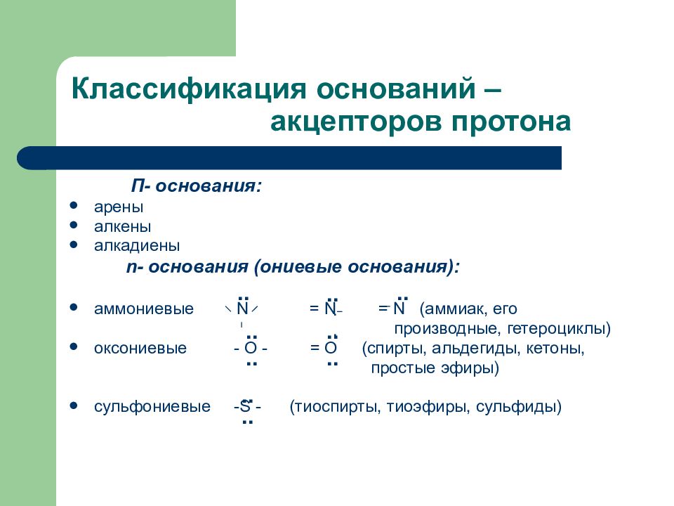 Π основания. Классификация оснований. Основания: классификация, получение, свойства.. Ониевые основания. Акцептор протонов.