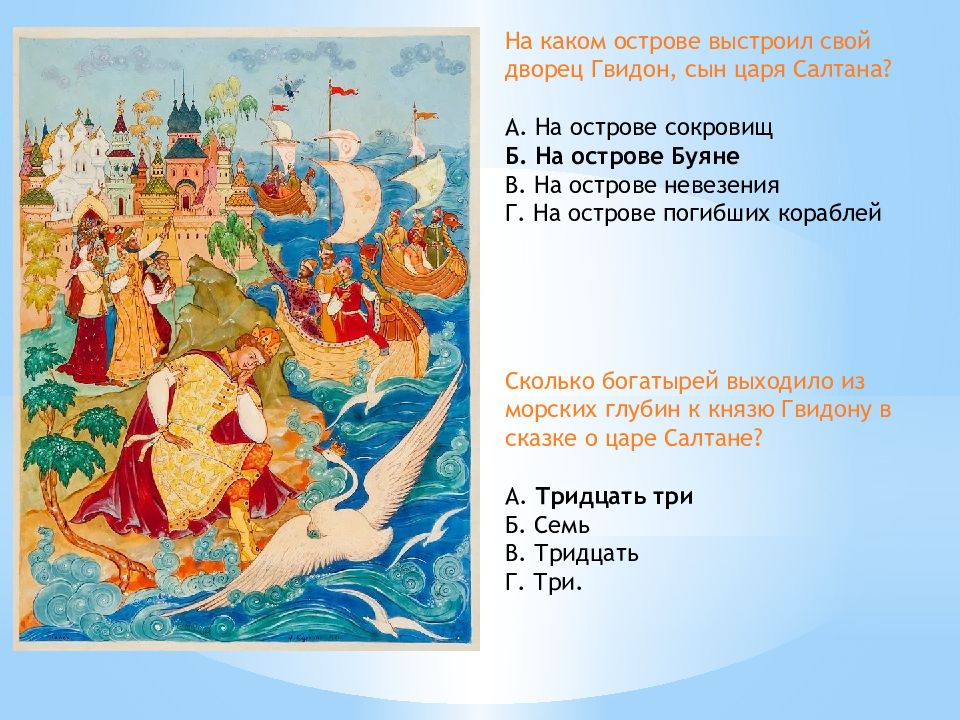 Пушкин сказка о царе салтане 3 класс. Сын царя Салтана Гвидон. На каком острове выстроил свой дворец Гвидон сын царя Салтана. Викторина Пушкинские сказки. Сказка о царе Салтане дворец.