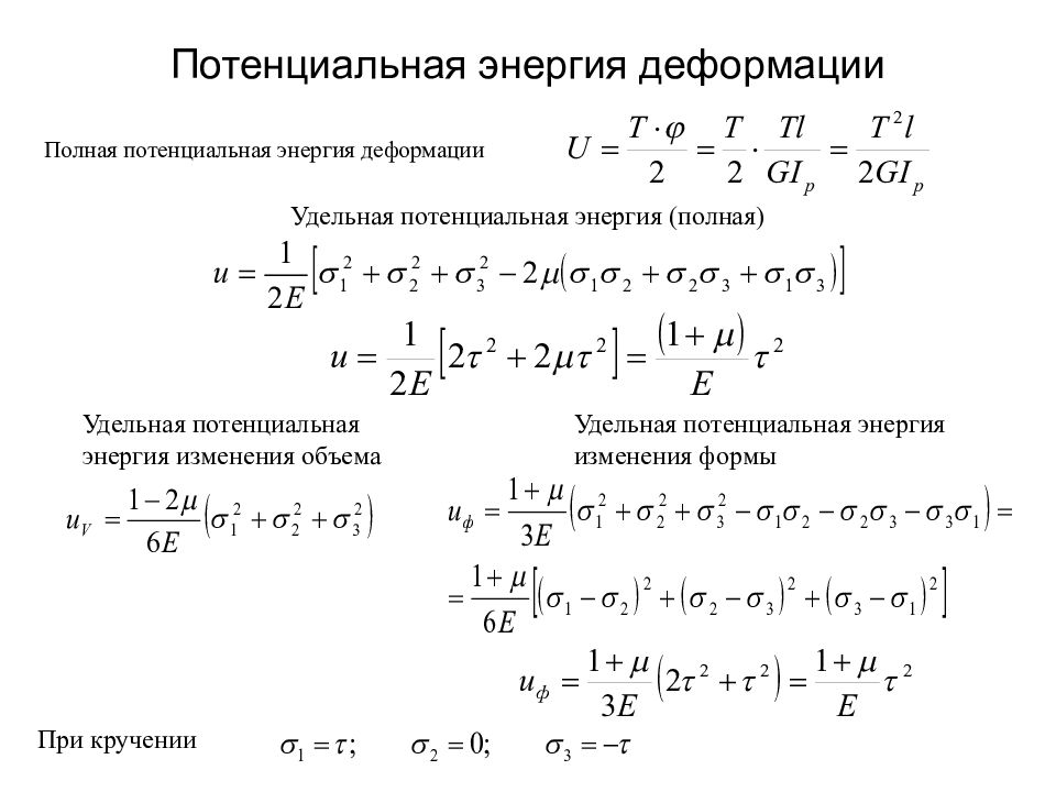 Потенциальная энергия деформации. Формула полной Удельной потенциальной энергии деформации. Удельная потенциальная энергия деформации измеряется в. Удельная потенциальная энергия деформации. Потенциальная энергия деформации при кручении.