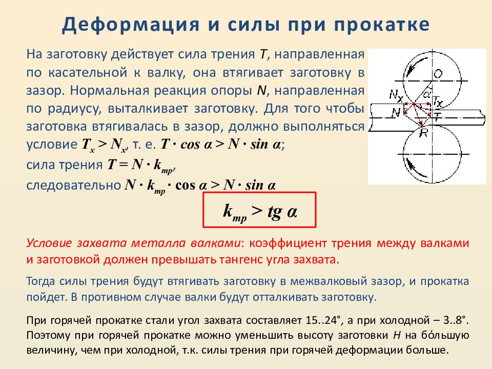 Деформирующая сила. Условия захвата металла валками при прокатке. Условие захвата металла при прокатке. Показатели деформации при прокатке. Деформация металла при прокатке.