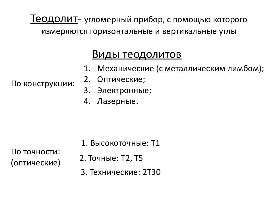 Теодолит - угломерный прибор, с помощью которого измеряются горизонтальные и вертикальные углы