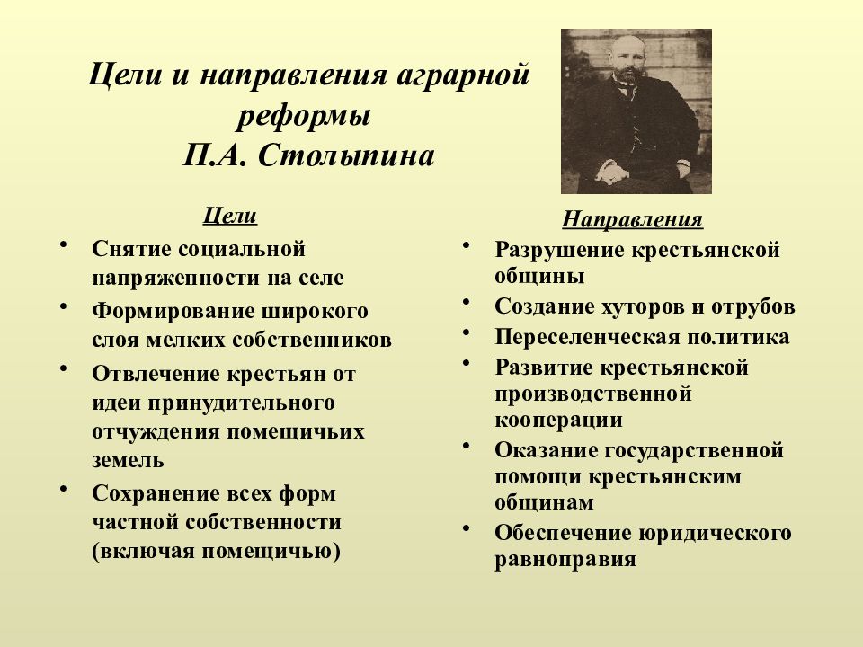 Характеристика аграрной реформы. Реформы Столыпина 1906-1911 таблица. Цели реформы Столыпина. Основные направления столыпинской реформы. Цели аграрной реформы Столыпина.