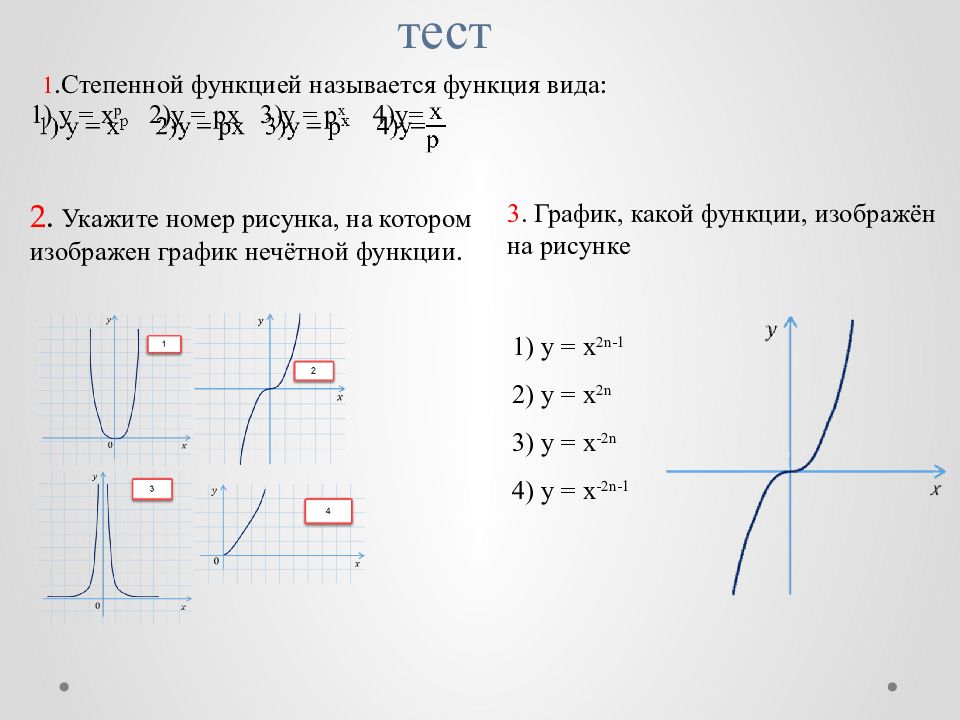 тест 1. Степенной функцией называется функция вида : 1) y = x p 2) y = px 3) y