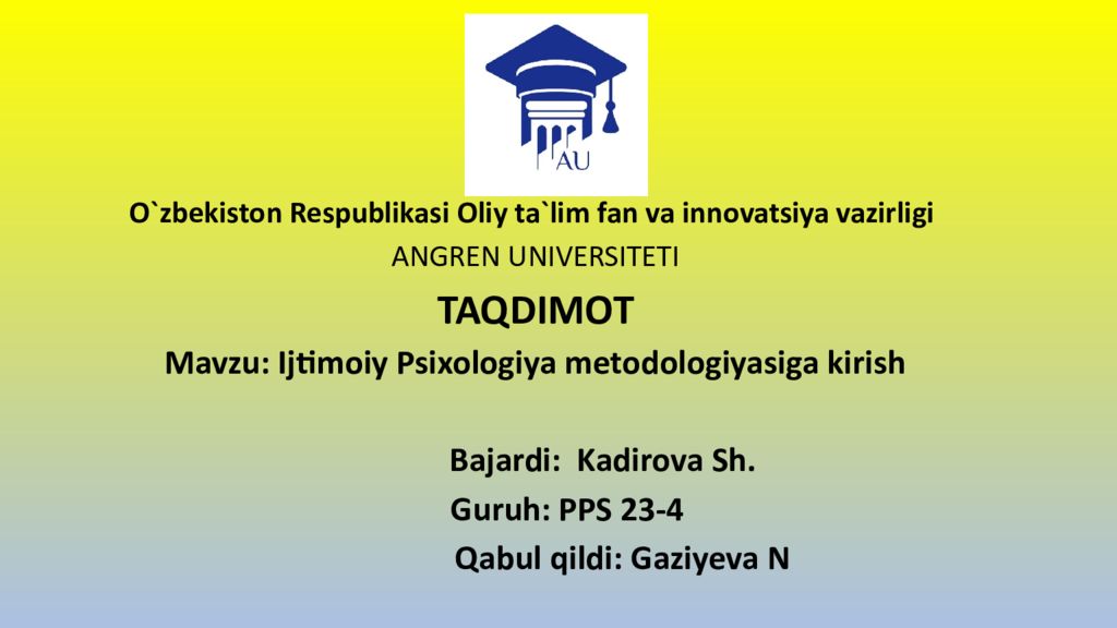 O`zbekiston Respublikasi Oliy ta`lim fan va innovatsiya vazirligi
ANGREN O`zbekiston Respublikasi Oliy ta`lim fan va innovatsiya vazirligi ANGREN