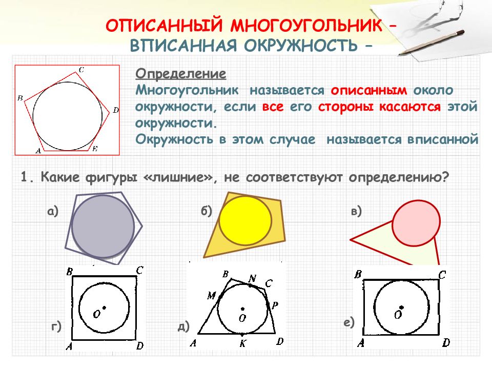 Описанный четырехугольник свойства. Вписанные и описанные многоугольники. Пописанный многоугольник. Окружность вписанная в многоугольник. Вписанные и описанные фигуры.