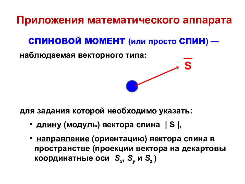 Приложения математического аппарата СПИНОВОЙ МОМЕНТ (или просто СПИН )