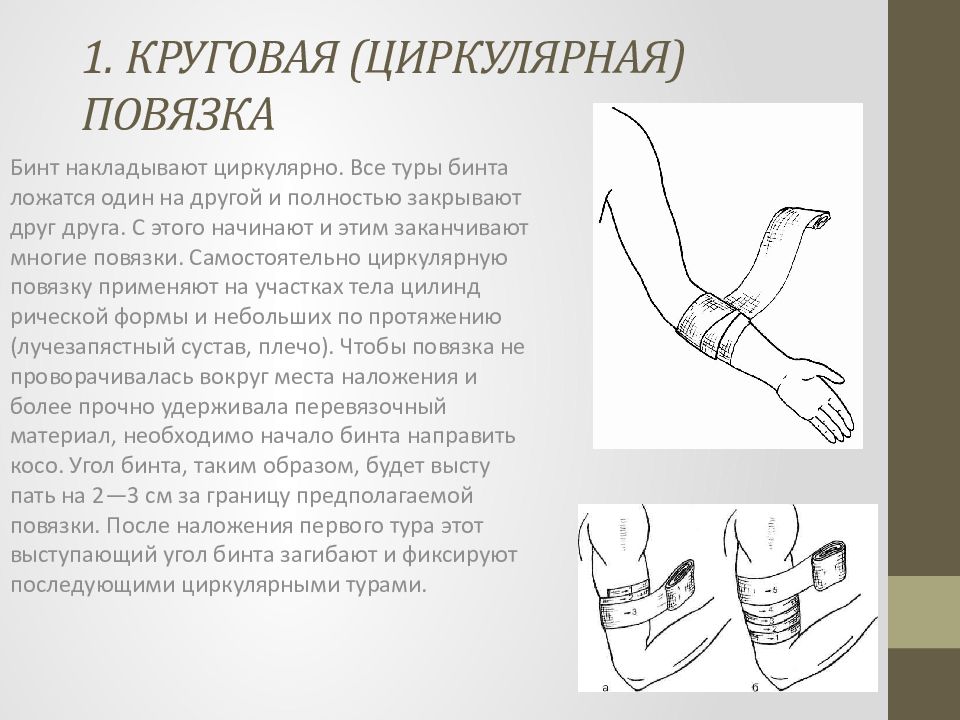 Наложение бинта. Циркулярная (круговая) повязка. Циркулярная и спиральная повязка. Круговая бинтовая повязка. Циркулярную повязку накладывают на.