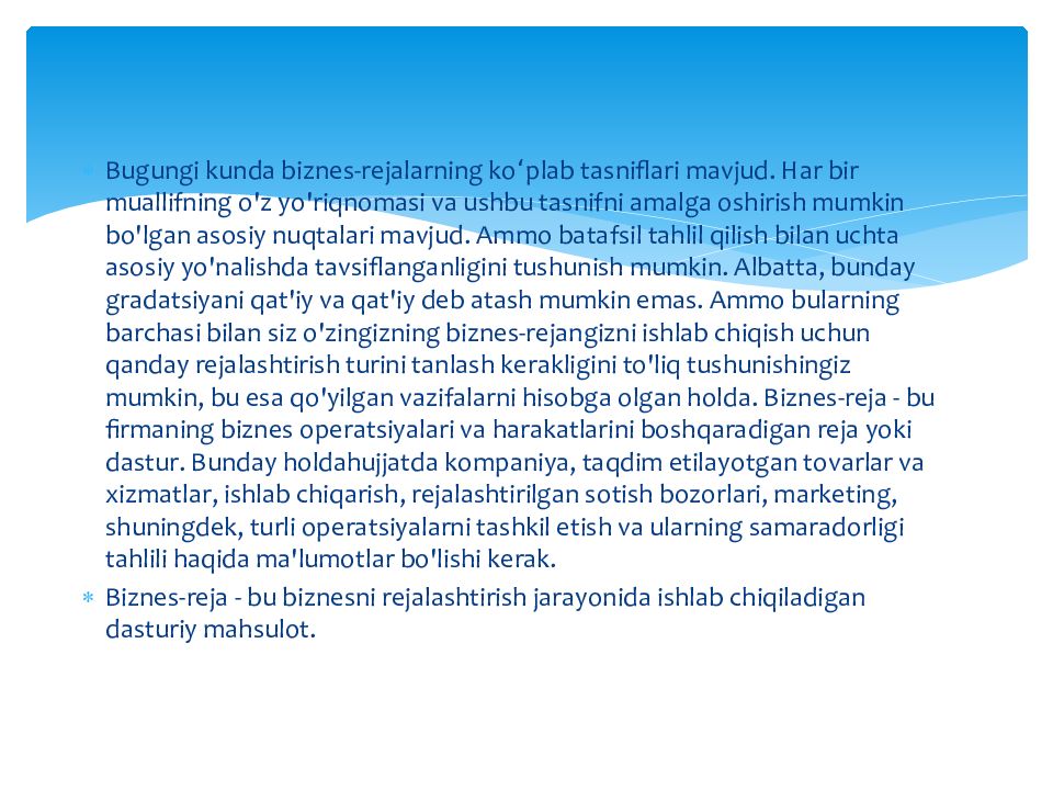 Biznes reja, uning bo‘limlari va mazmuni Biznes reja, uning bo‘limlari va mazmuni