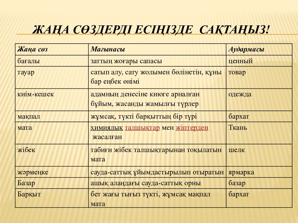 Жаңа сөздерді есіңізде сақтаңыз!