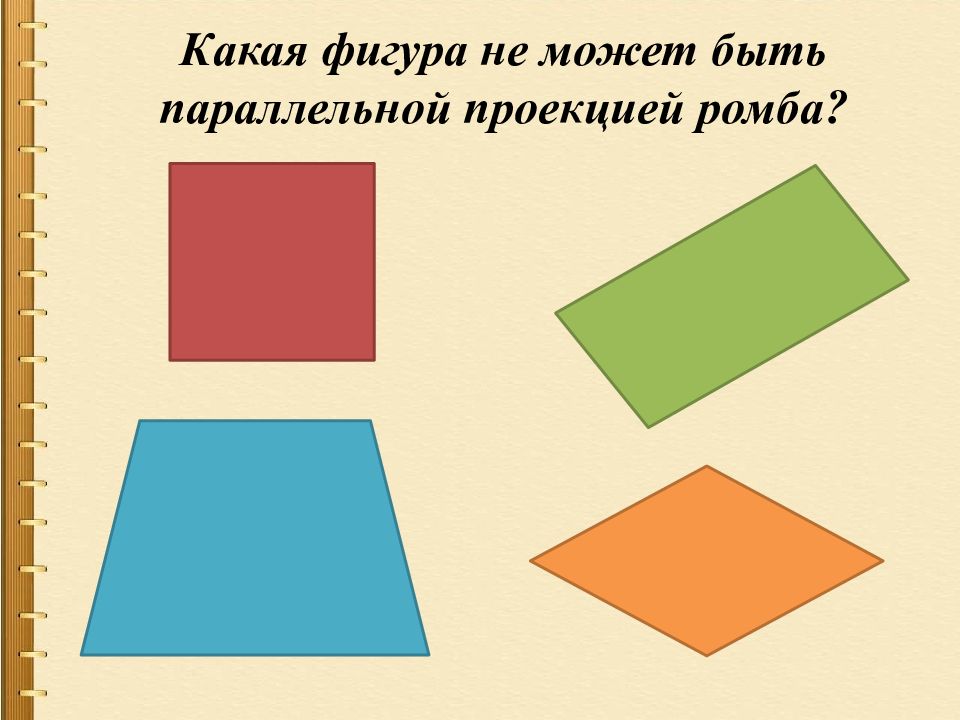 Какая фигура является частным. Параллельное проектирование ромба. Какая фигура не может быть параллельной проекцией ромба. Какая какая фигура. Параллельные проекции геометрических фигур.