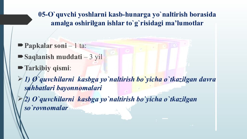05-O`quvchi yoshlarni kasb-hunarga yo`naltirish borasida amalga oshirilgan ishlar to`g`risidagi ma’lumotlar