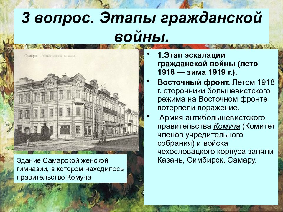 Гражданское т. КОМУЧА Гражданская война. Период эскалации войны 1918. Образование КОМУЧА. Эскалация гражданской войны в России.