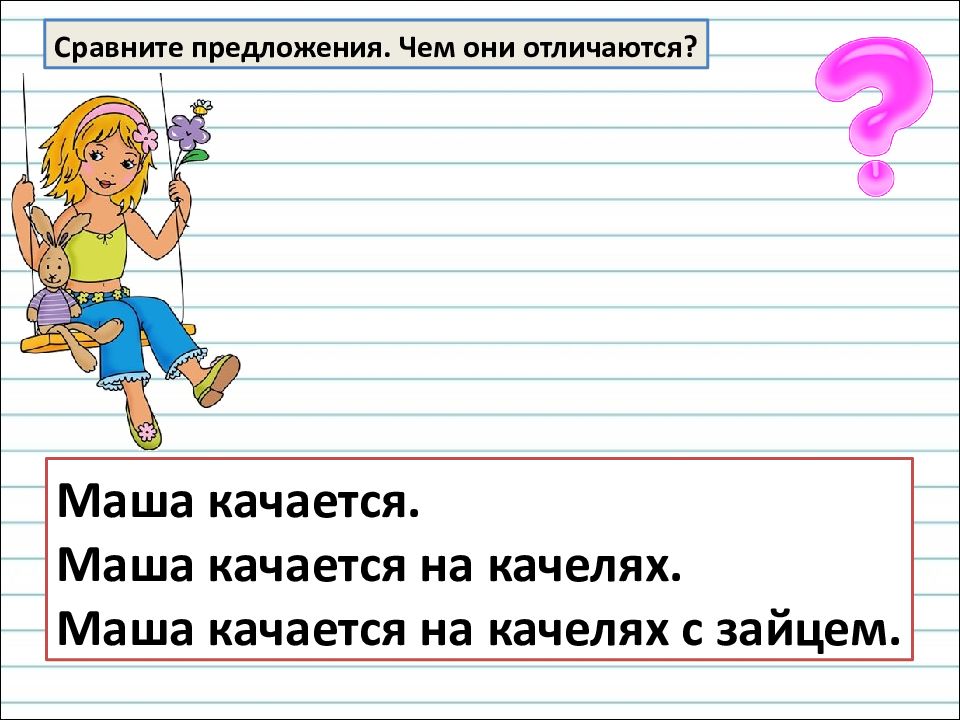 14 предложения. Сравни предложения. Выдели части речи в предложении Маша качалась на качели.