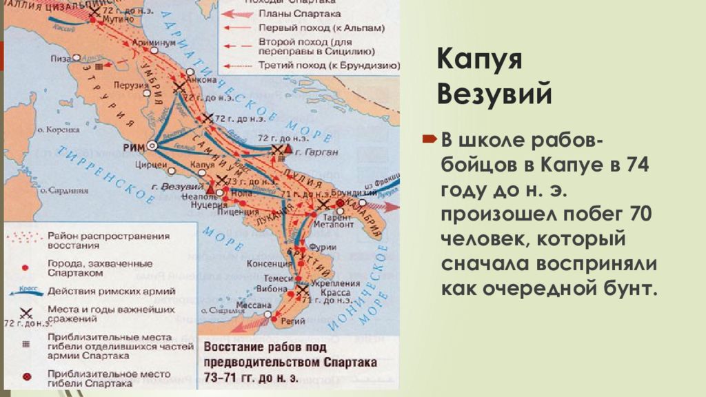 Сколько лет назад произошло восстание спартака. Восстание Спартака. Капуя на карте древней Италии. Причины поражения восставших Спартака.