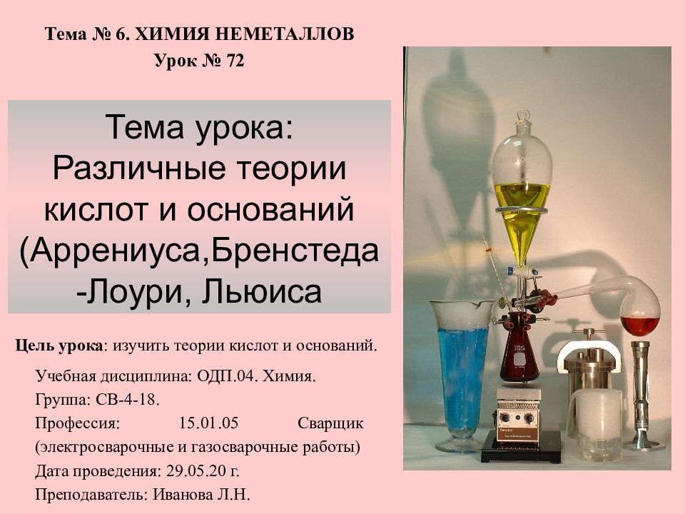 Тема урока: Различные теории кислот и оснований (Аррениуса,Бренстеда-Лоури,