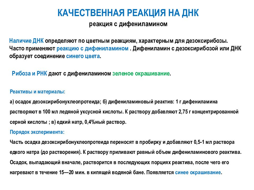 Наличие днк. Реакция ДНК С дифениламином. Качественная реакция на ДНК. Качественная реакция на ДНК реакция. Качественная реакция на ДНК С дифениламином.