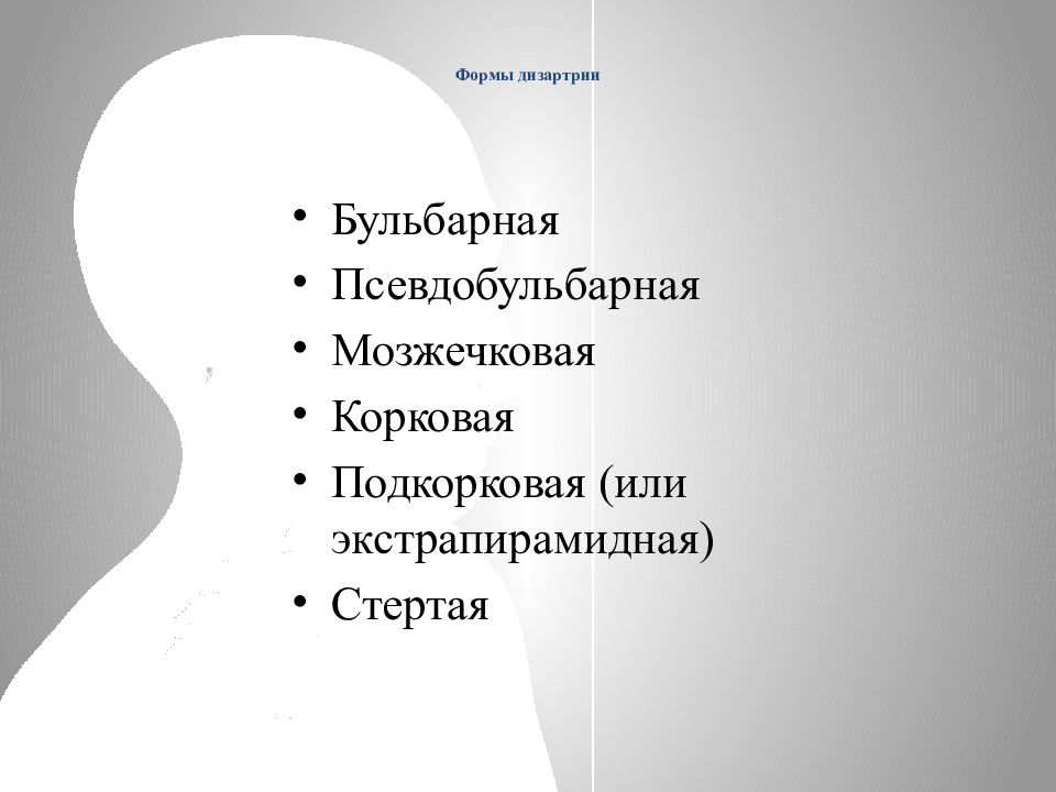 Авторы дизартрии. Формы дизартрии. Бульбарная дизартрия локализация поражения. Бульбарная форма дизартрии. Бульбарная дизартрия характеристика.