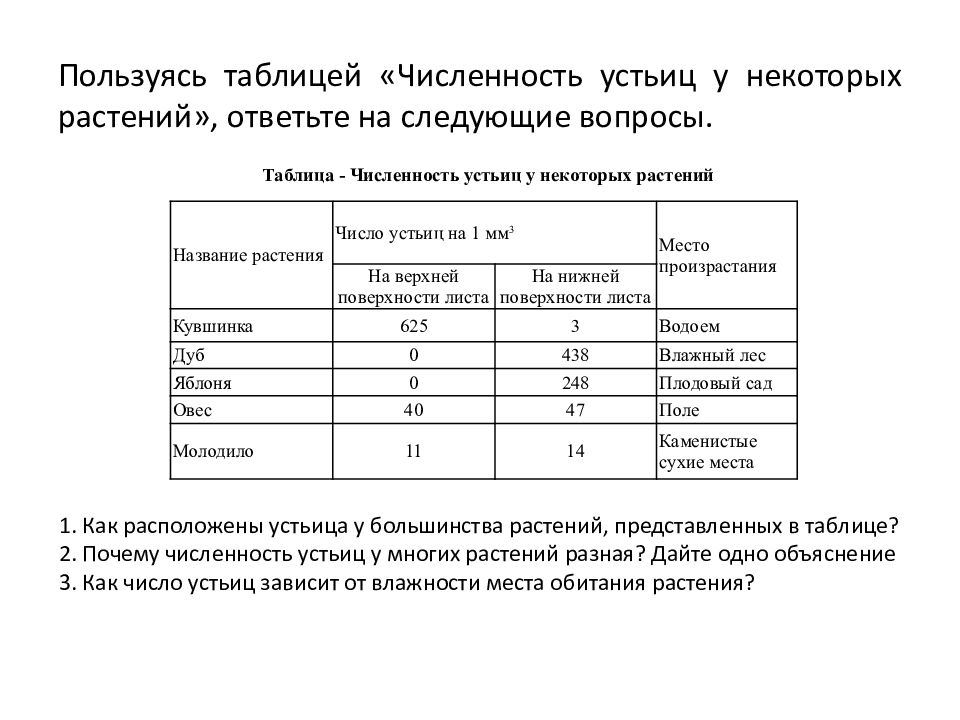 Ответьте на вопросы используя данные таблицы. Таблица число устьиц у разных растений. Таблица численность устьиц у некоторых растений. Численность устьиц у некоторых растений. Пользуясь таблицей численность устьиц у некоторых растений.