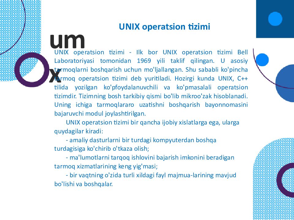 OPERATSION TIZIMLAR Windows 1 FreeBSD V redhat soiaris = •5 Sun Cobalt