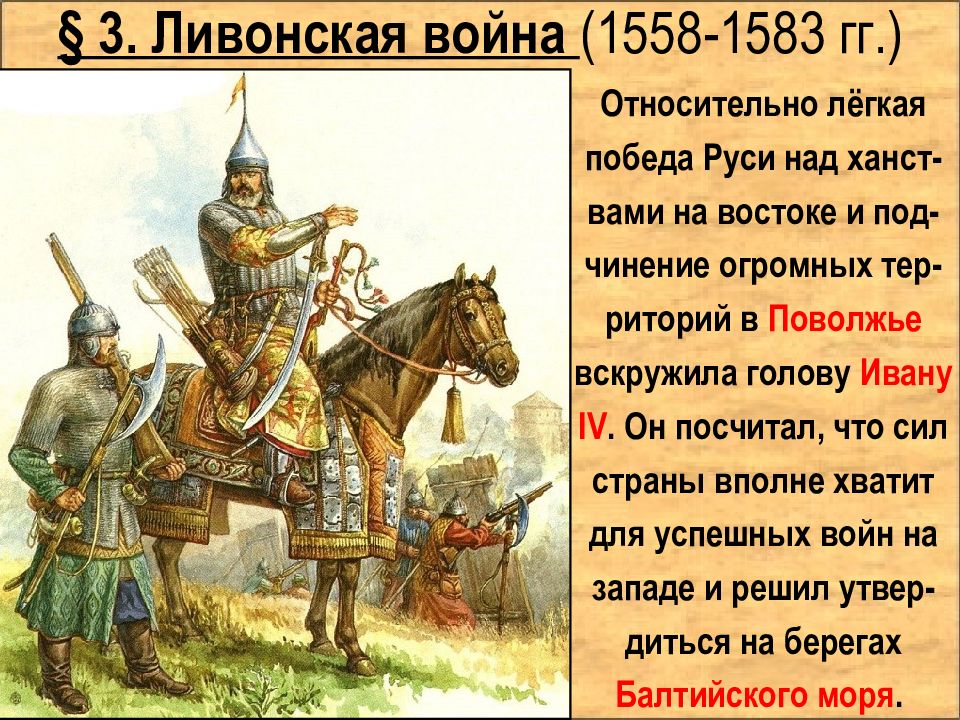 3. Ливонская война (1558-1583 гг.) Относительно лёгкая победа Руси над