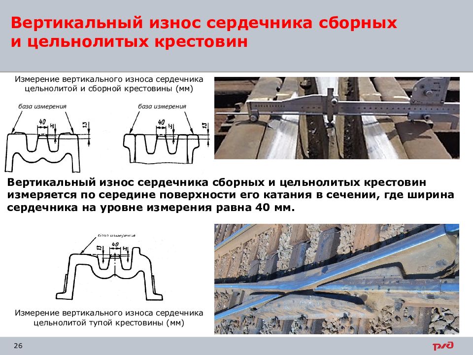 При какой максимальной величине бокового износа. В каком месте измеряется вертикальный износ сердечника крестовины. Измерение вертикального износа сердечника усовика. Износ усовика крестовины допуски. Измерение геометрических параметров сердечника крестовины.