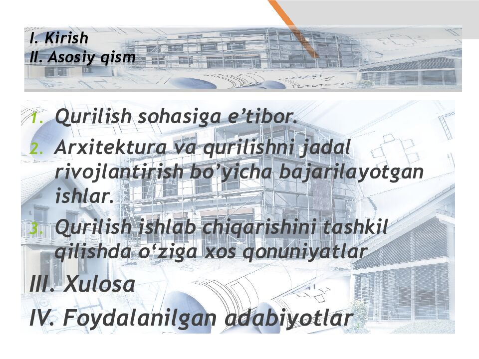 I. Kirish II. Asosiy qism