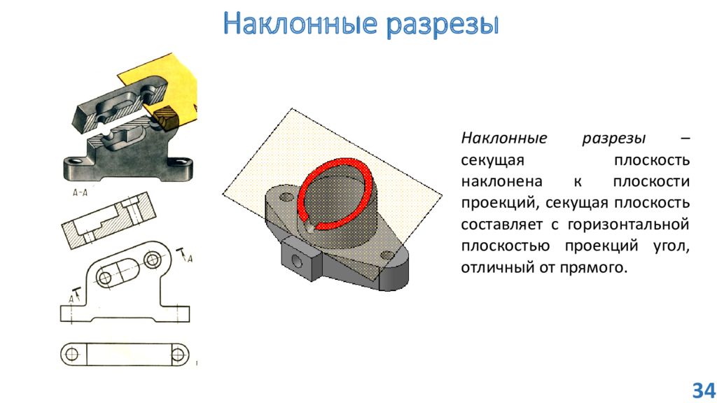 Проекция секущей плоскости. Наклонный разрез. Наклонный вид. Наклонный разрез на чертеже пример. Наклонный вид разреза.